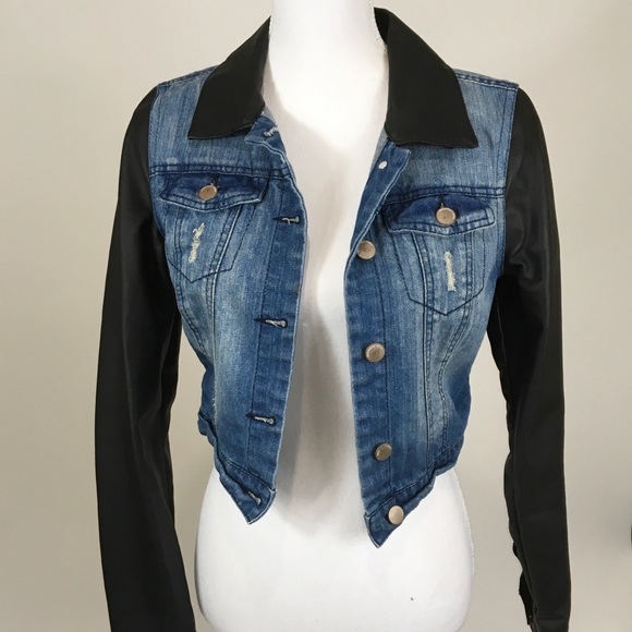 blue jean jacket with leather sleeves